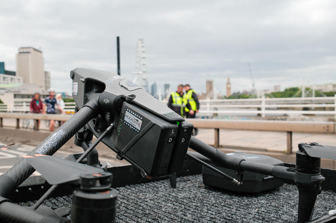 Moonshine-branded DJI Inspire 3 drone on its landing pad on Waterloo Bridge, London
